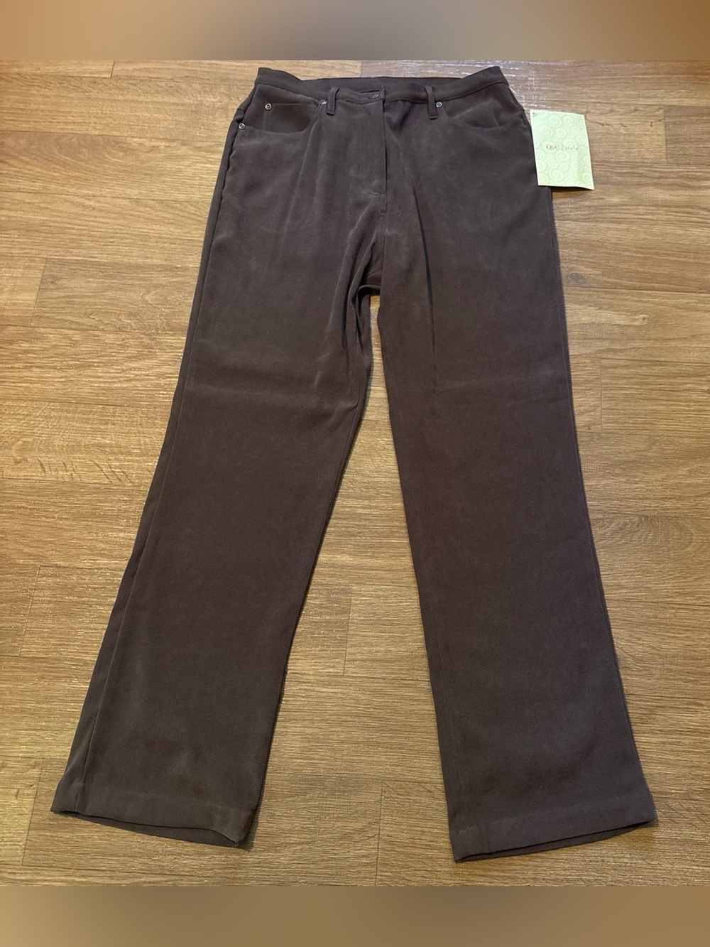 Denim & Co. Pants Vintage Zip Straight Leg Brown Faux Suede Women’s Sz 10P NWT